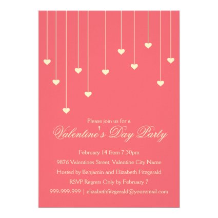 Modern Cream Hearts on Coral Red Valentines Party Personalized Invites