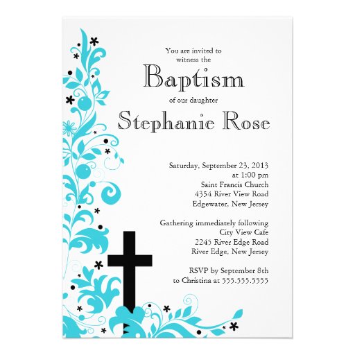 Modern Cross Blue Flower baptism, Invitation (front side)