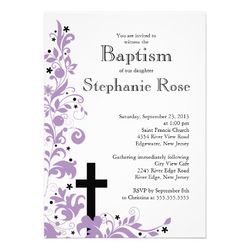 Modern Cross  purple Flower  Baptism  invitation (front side)