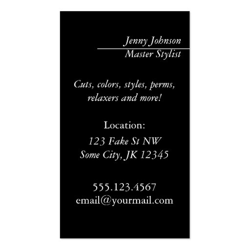 Modern custom color hair stylist scissors business card template (back side)