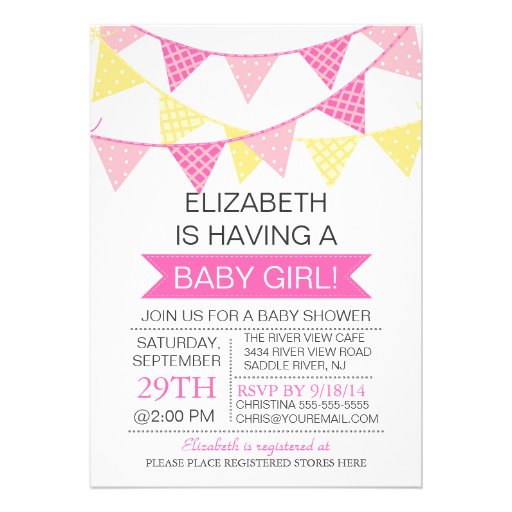 Modern Cute Pink Bunting GIRLS Baby Shower Invite