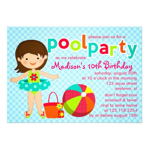 Modern Cute Pool Party Girls Birthday Personalized Announcements