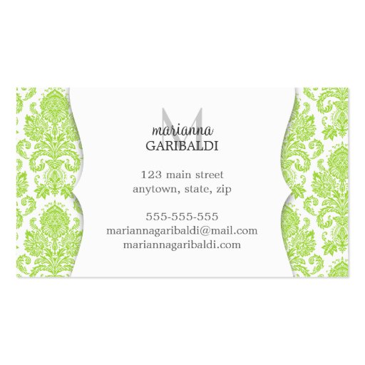 Modern Damask Green Personalized Business Card (back side)