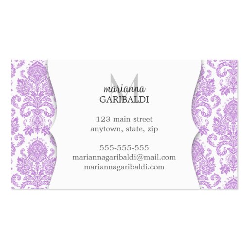 Modern Damask Purple Personalized Business Card Template (back side)