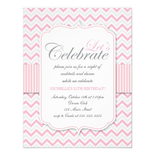 Modern Delicate Pink Chevron Birthday Party Custom Invite