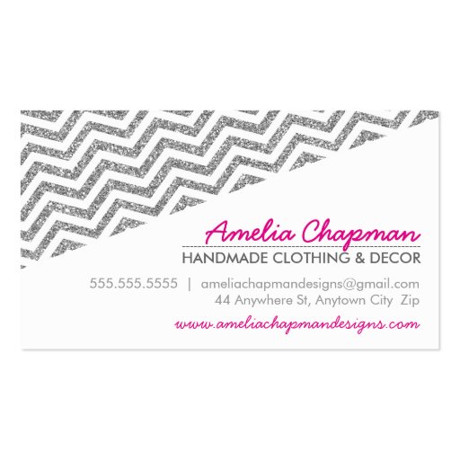 MODERN diagonal chevron faux silver glitter pink Business Card (front side)