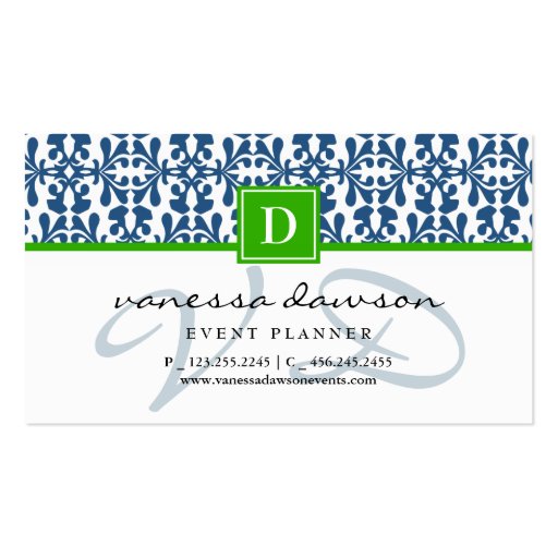 Modern Elegant Blue Arabesque Damask Monogram Business Card Template (front side)