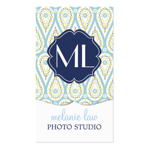 Modern Elegant Damask Blue Paisley Personalized Business Cards (front side)
