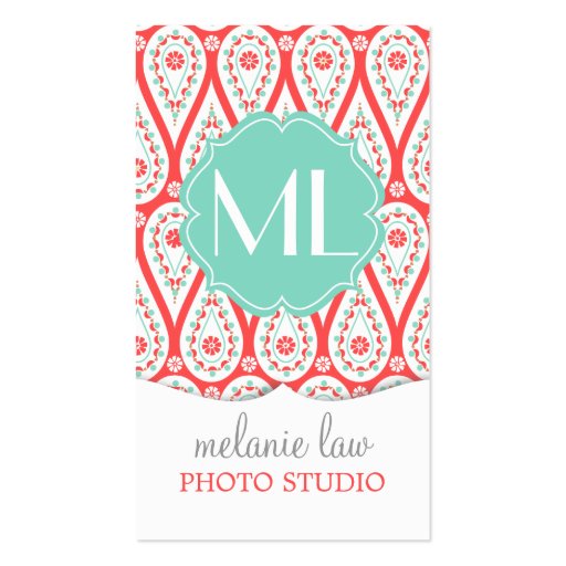 Modern Elegant Damask Coral Paisley Personalized Business Cards (front side)