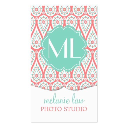 Modern Elegant Damask Coral Paisley Personalized Business Card (front side)
