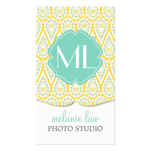 Modern Elegant Damask Yellow Paisley Personalized Business Card Templates (front side)