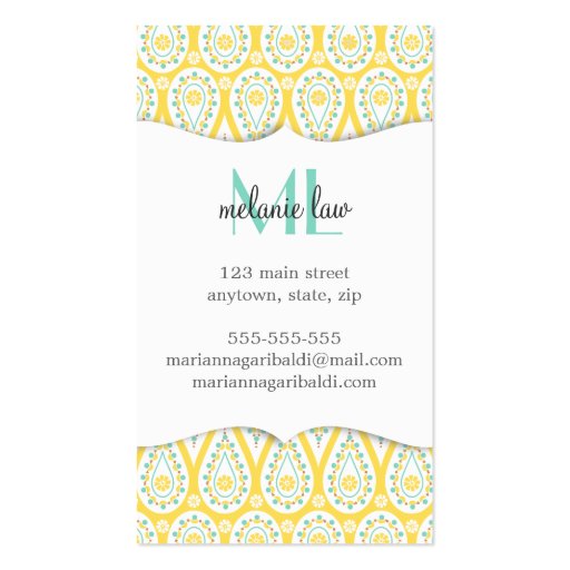 Modern Elegant Damask Yellow Paisley Personalized Business Card Templates (back side)
