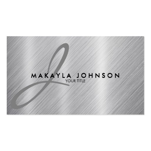 Modern & Elegant Gray Monogram Brushed Aluminum Business Card Templates (front side)