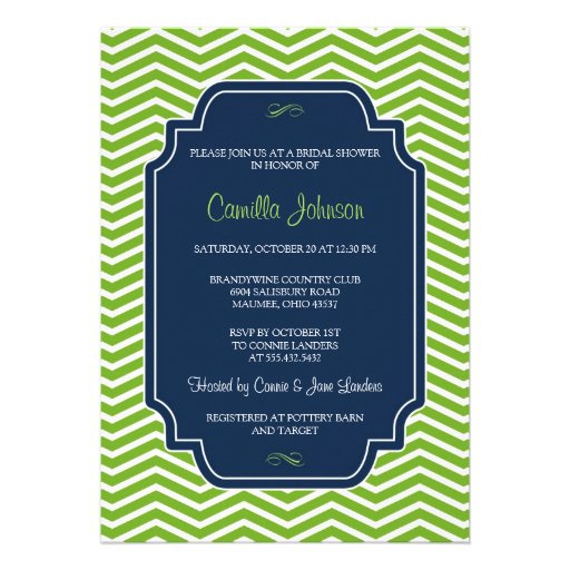 Modern Elegant Green & Blue Chevron Bridal Shower Personalized Invites