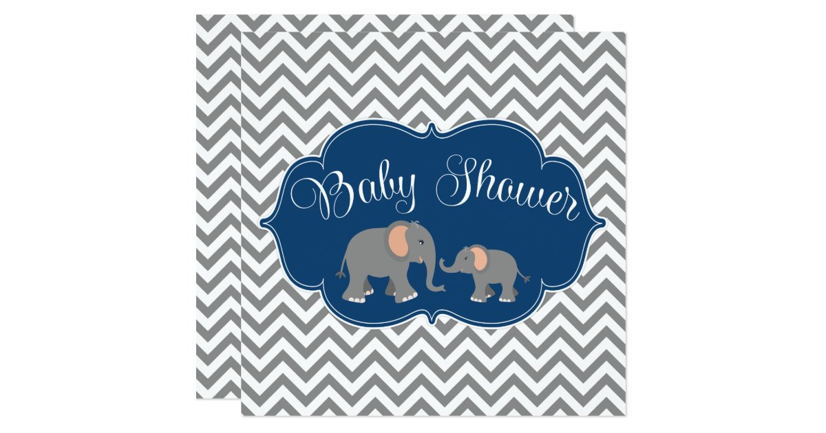 Modern Elephant Chevron Navy Blue Gray Baby Shower Card