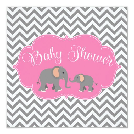 Modern Elephant Chevron Pink Gray Baby Shower Custom Announcements (front side)