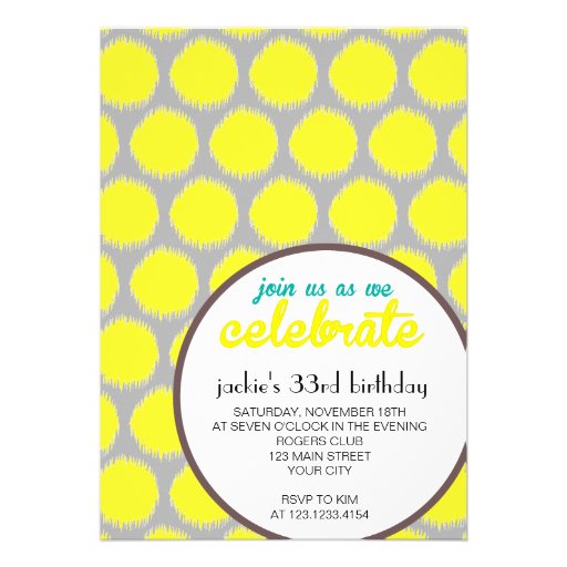 Modern Fabulous Ikat Grey Yellow Birthday Party Personalized Invites