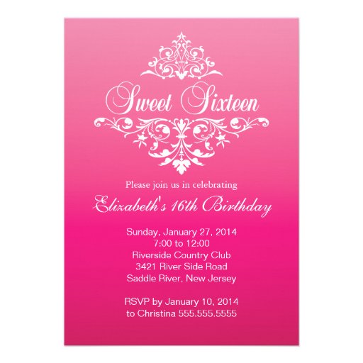 Modern Fancy Hot Pink Sweet Sixteen Birthday Party Custom Invitation