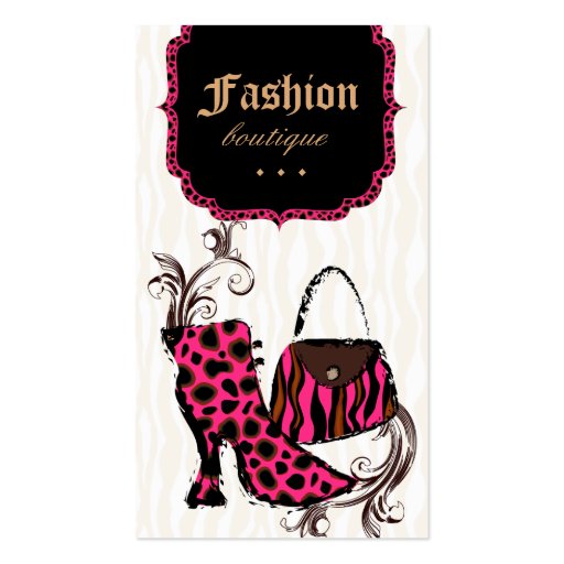Modern Fashion Handbag Boot Leopard Zebra Pink Business Card Templates (front side)
