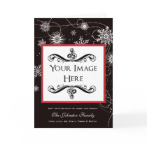 Modern Filigree Falling Snowflakes Holiday Photo cards