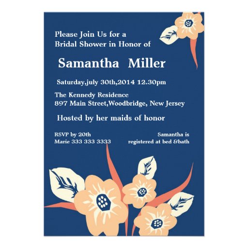 Modern Floral Bridal Shower invitations::Navy Blue