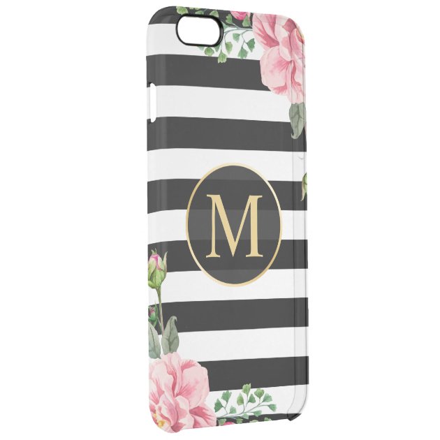 Modern Floral Decor Black White Stripes Monogram Uncommon Clearlyâ„¢ Deflector iPhone 6 Plus Case-2