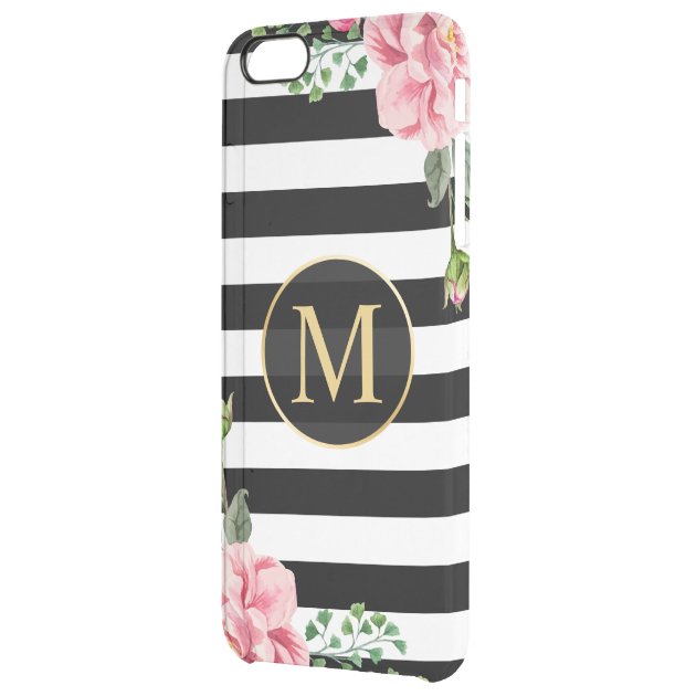 Modern Floral Decor Black White Stripes Monogram Uncommon Clearlyâ„¢ Deflector iPhone 6 Plus Case