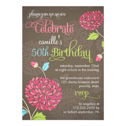 Modern Floral Orange & Brown Fancy Birthday Party Announcements