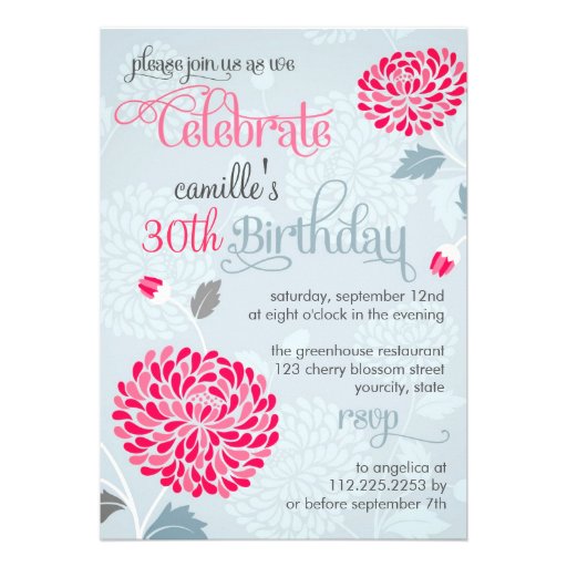 Modern Floral Pink & Gray Fancy Birthday Party Custom Invites