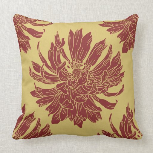 Modern Floral Throw Pillow - Harvest Gold & Maroon