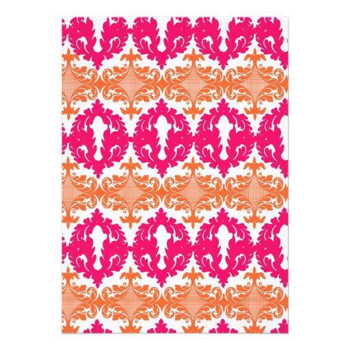Modern Fuchsia & Orange Damask Bridal Shower Custom Announcement