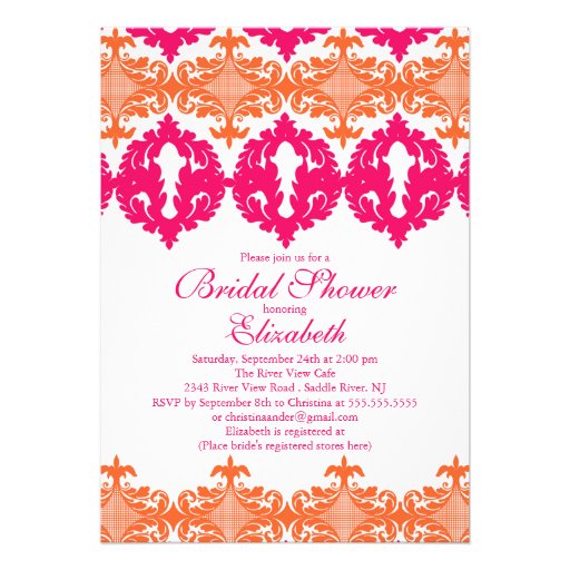Modern Fuchsia & Orange Damask Bridal Shower Custom Announcement