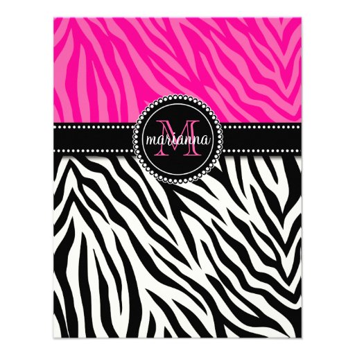 Modern Girly Black Pink Zebra Print Personalized Custom Announcements