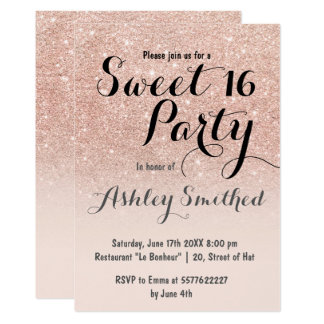 sweet invitation gold rose glitter ombre card invitations girly zazzle modern faux sixteen birthday pink cards 16th decorations sold custom