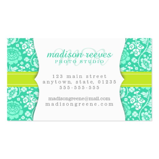 Modern Girly Floral Teal & Lime Green Personalized Business Card (back side)