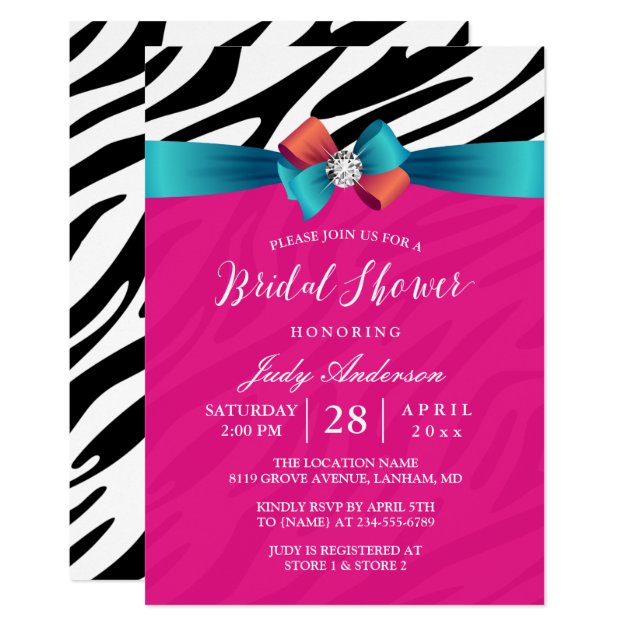 Modern Girly Pink Zebra Print Ribbon Bridal Shower Card