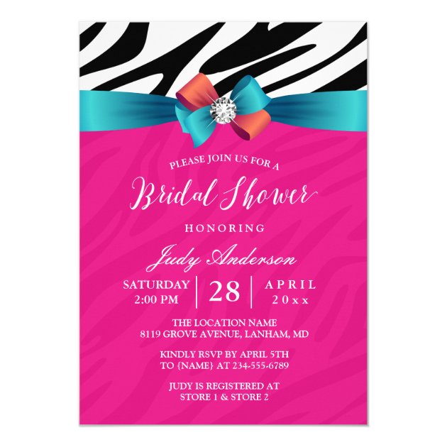 Modern Girly Pink Zebra Print Ribbon Bridal Shower Card