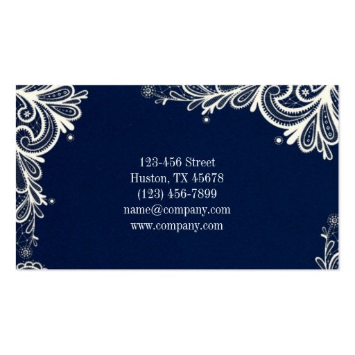 modern girly white lace navy blue swirls fashion business card templates (back side)