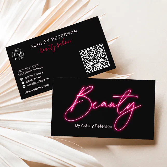 Modern Glam Pink Neon Beauty Script Logo Qr Code Business Card Zazzle