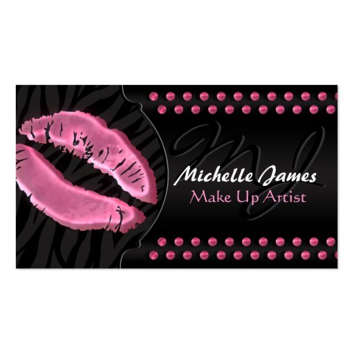 Modern Glossy Lips Zebra Monogram Make Up Artist Business Card (front side)