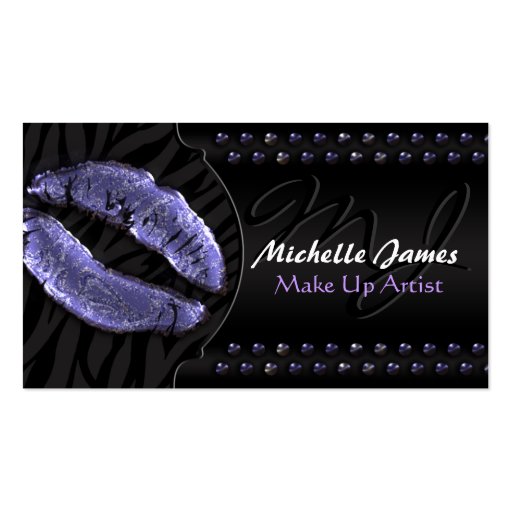 Modern Glossy Lips Zebra Monogram Make Up Artist Business Card Template (front side)