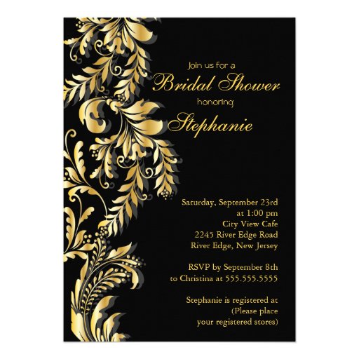 Modern Gold Black Leaf Swirl Bridal Shower Custom Invites