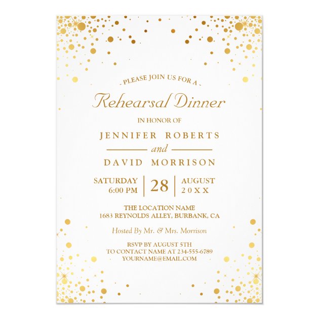 Modern Gold Confetti Dots Wedding Rehearsal Dinner Card (front side)