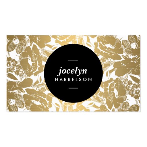 Modern Gold Flowers Black Circle Business Card (front side)