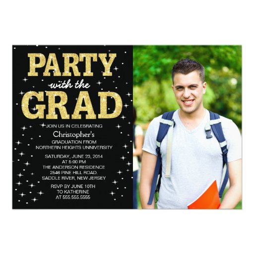 Modern Gold Glitter Photo Graduation Party Invite (front side)