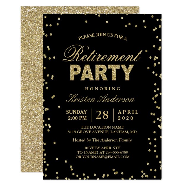 Modern Gold Glitter Sparkles Retirement Party Card (front side)