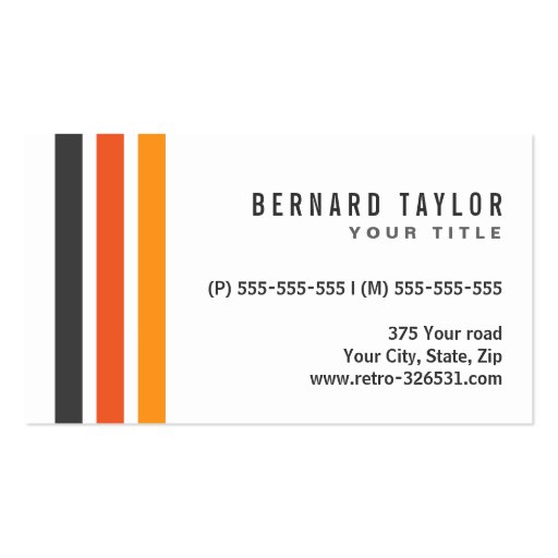 Modern gray and orange retro stripes stylish white business card (back side)