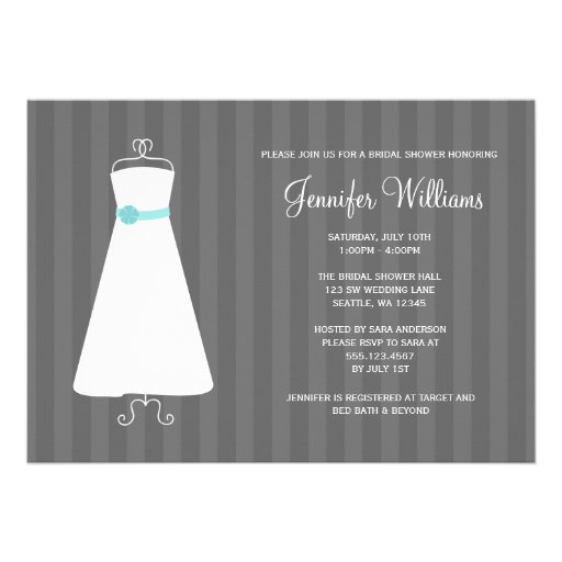 Modern Gray and Teal Gown Stripes Bridal Shower Custom Announcement