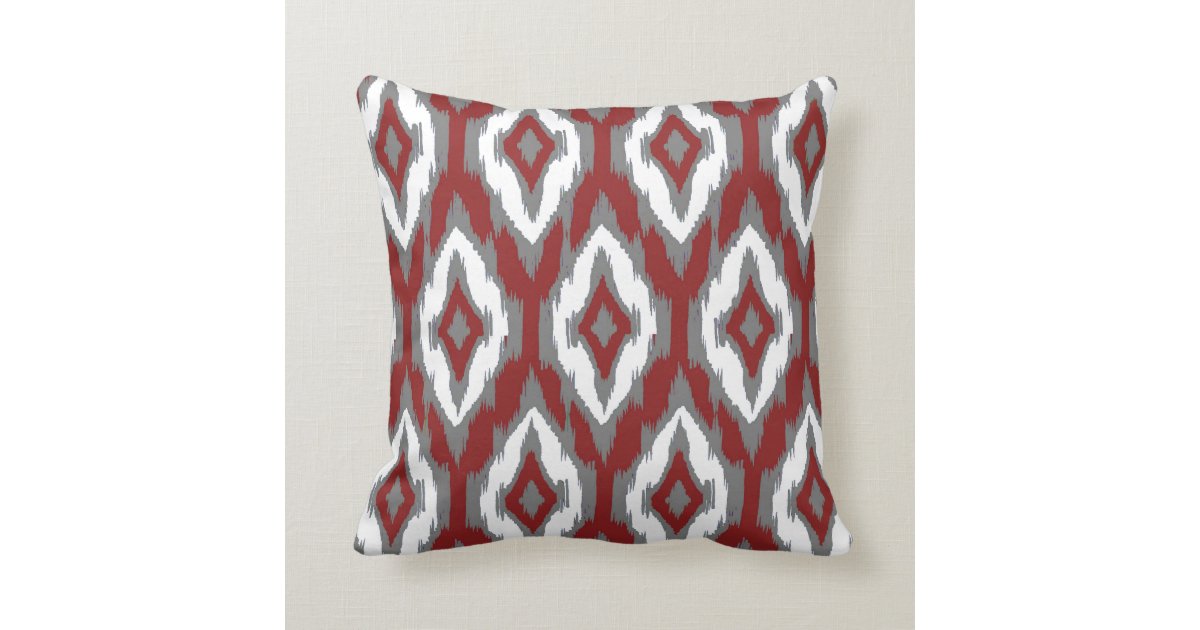 Modern gray burgundy white Ikat Tribal Pattern 1a Throw Pillow Zazzle