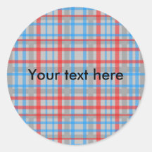 Modern gray red and blue plaid round sticker